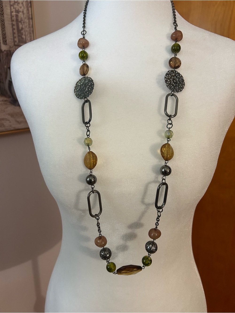 Premier Long Multi-Bead Women’s Necklace in Olive Green and Amber